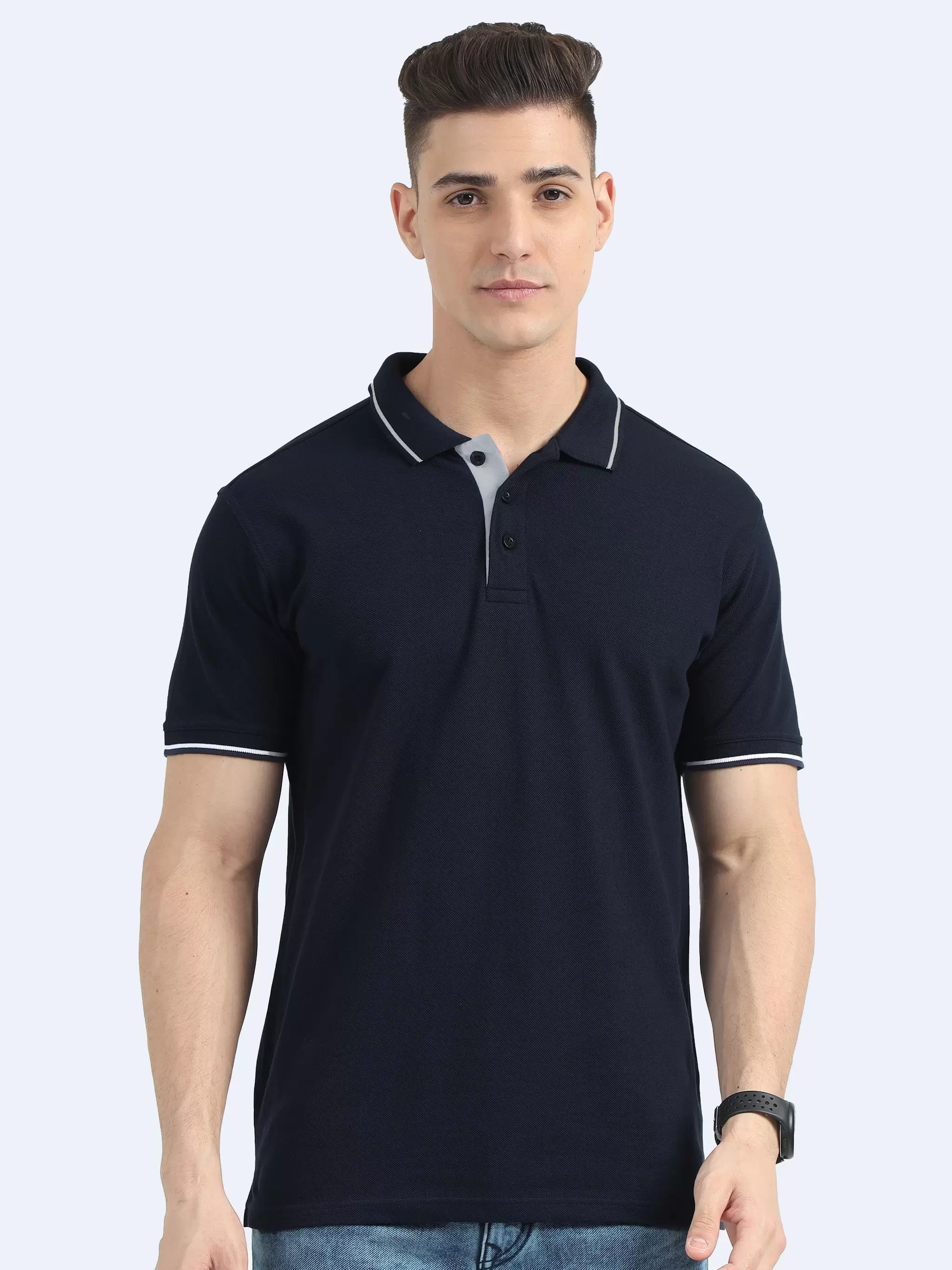 Polo T-Shirt Biowashed Organic 100% Premium Cotton Material for all-Day Comfort, Men Regular Fit - Navy Blue with White Tipping T-Shirt